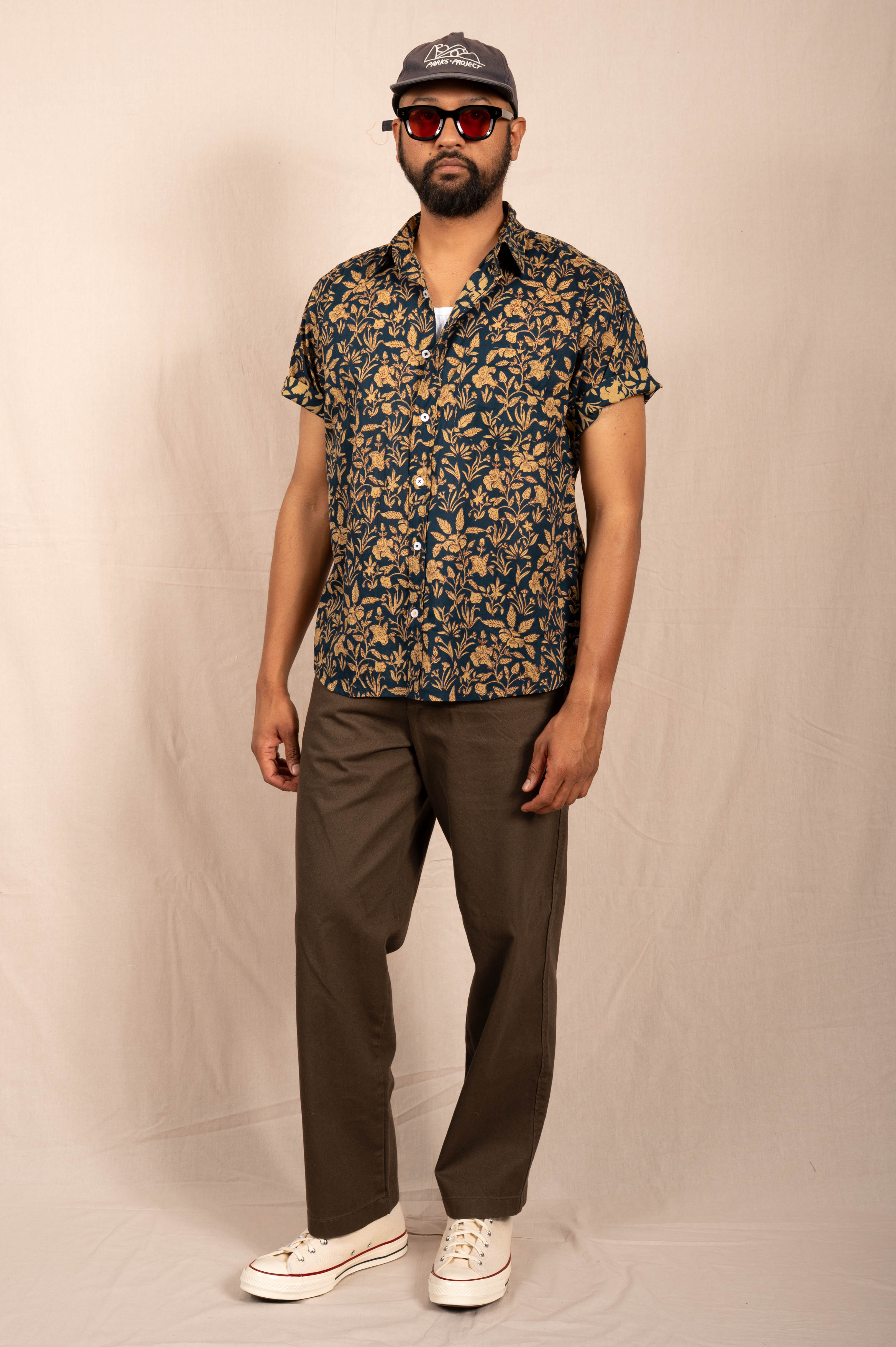 'The Folk' Shirt in Blue and Brown Floral Print
