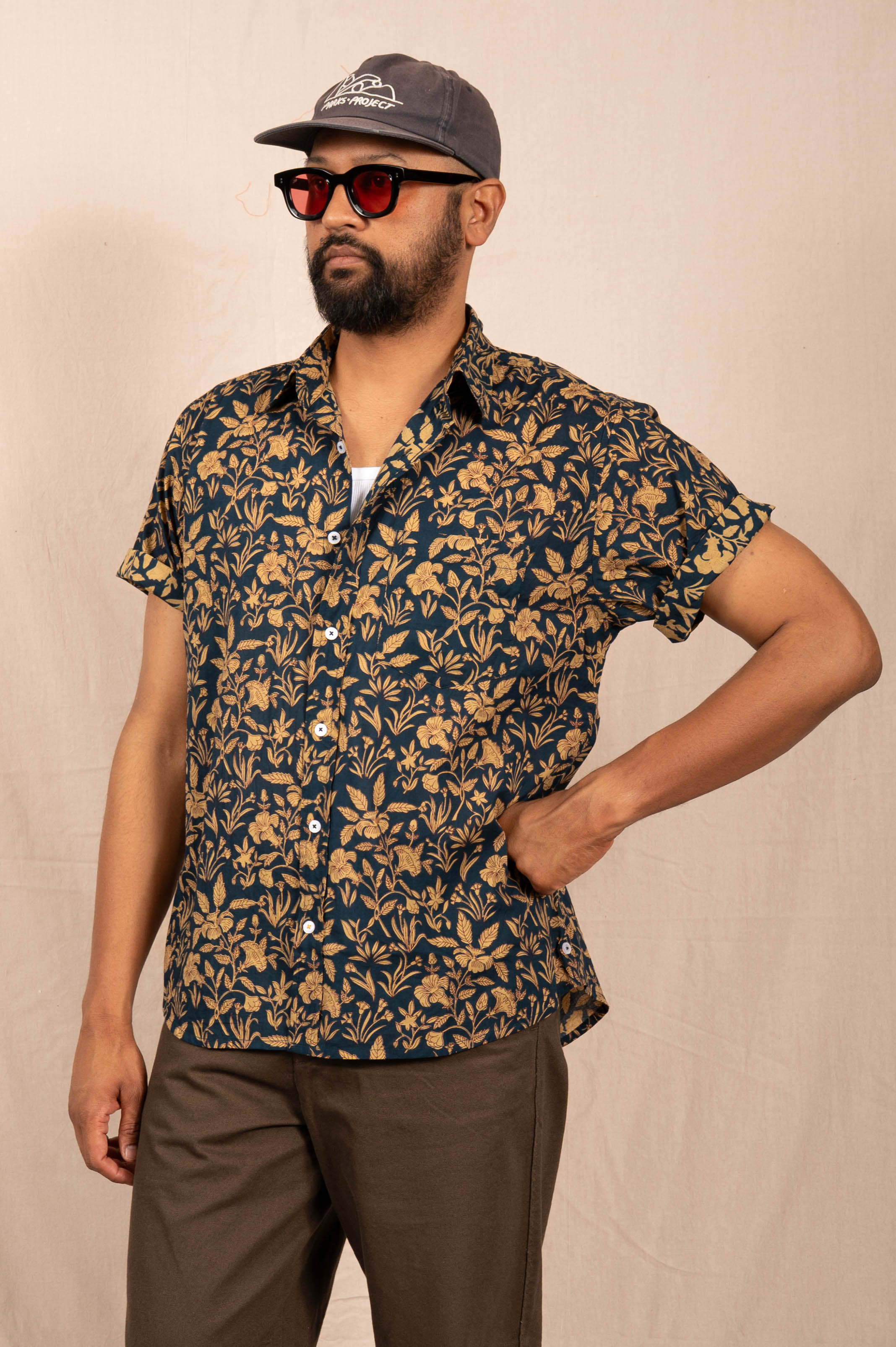 'The Folk' Shirt in Blue and Brown Floral Print