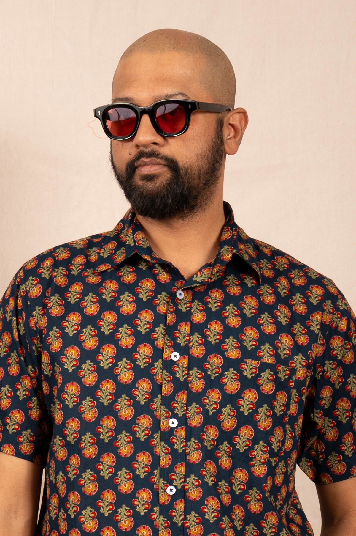 'The Folk' Shirt in Navy and Red Floral Print