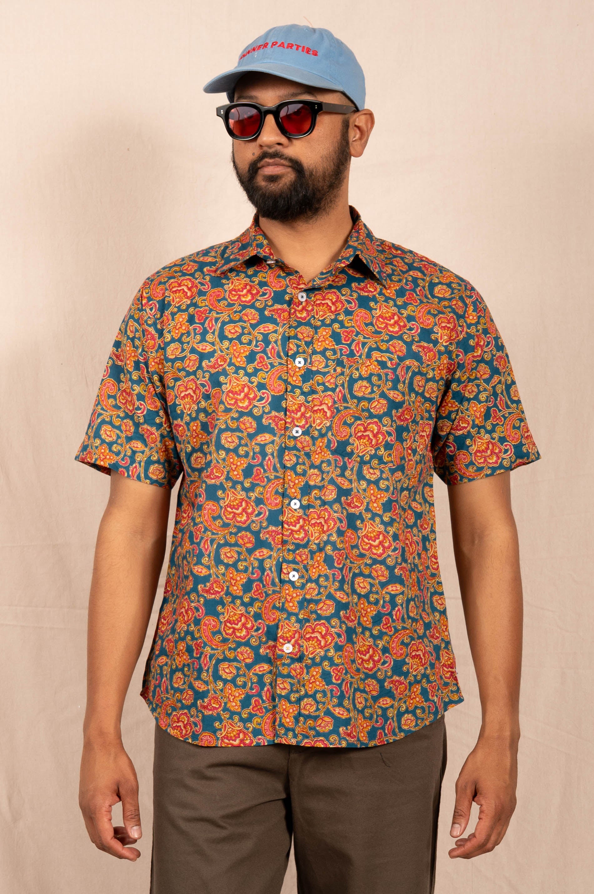 'The Folk' Shirt in Blue and Red Agra Floral Print