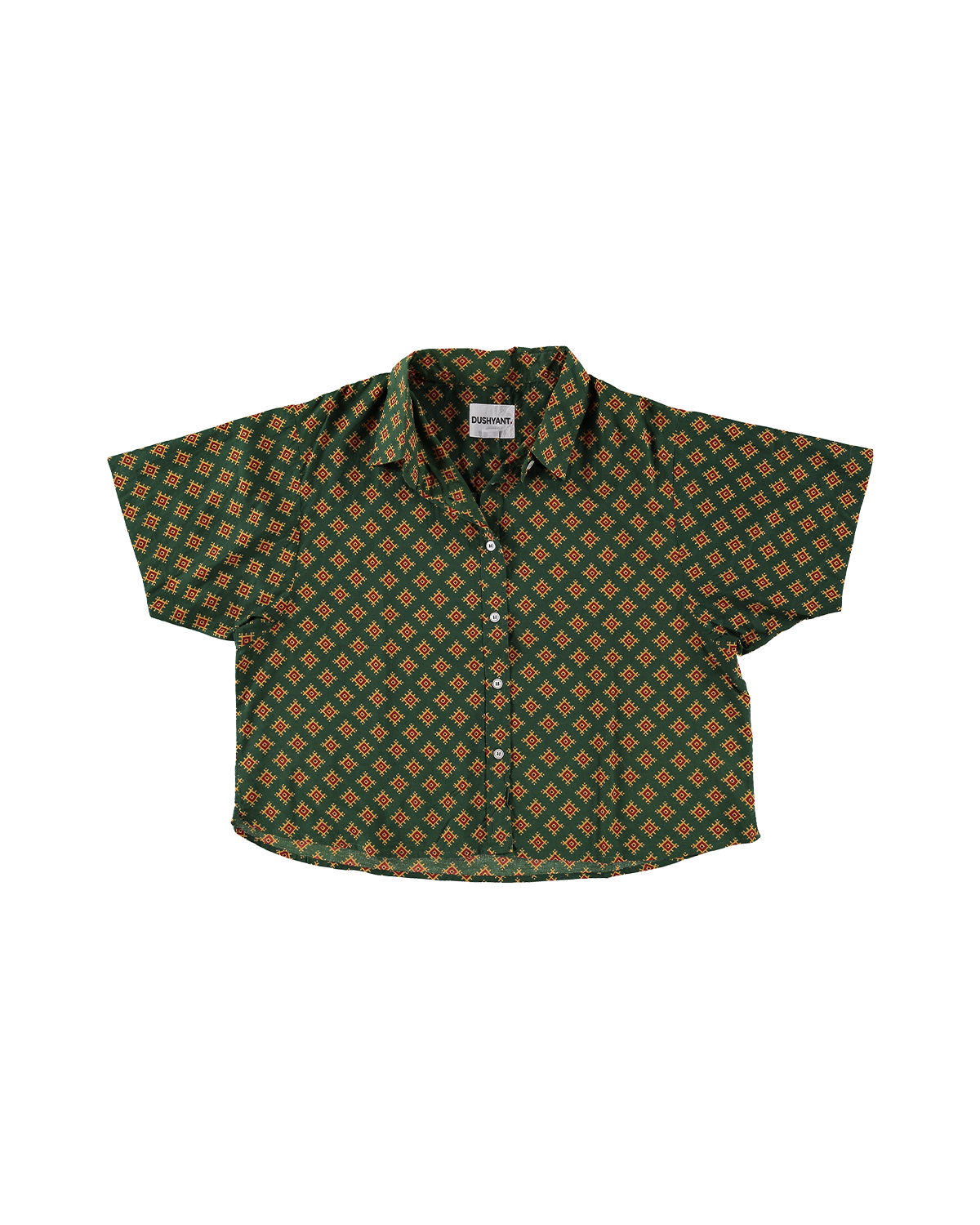 'The Michelle' Hand Printed Short Sleeve Shirt in Green and Gold Motif Print