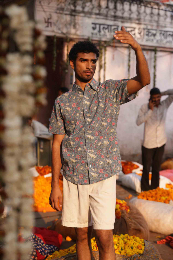 Hand Printed 'The Prat' Short Sleeve Shirt in Baby Blue Mughal Floral Print
