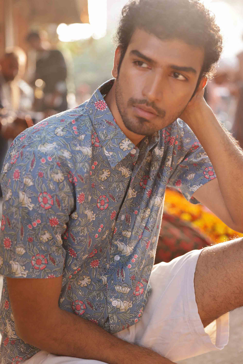 Hand Printed 'The Prat' Short Sleeve Shirt in Baby Blue Mughal Floral Print