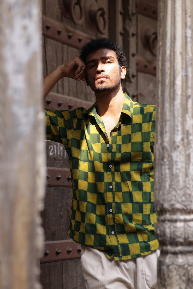 Hand Block Printed 'The Sufi' Short Sleeve Shirt in Green and Turmeric Checks