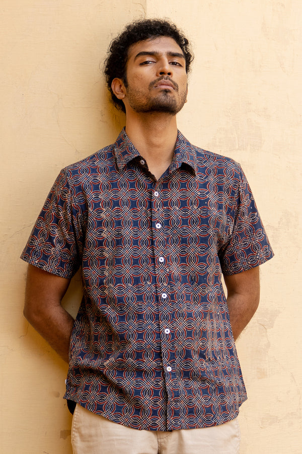 Ajrakh Hand Block Printed 'The Sufi' Short Sleeve Shirt in Abstract Geometric Print