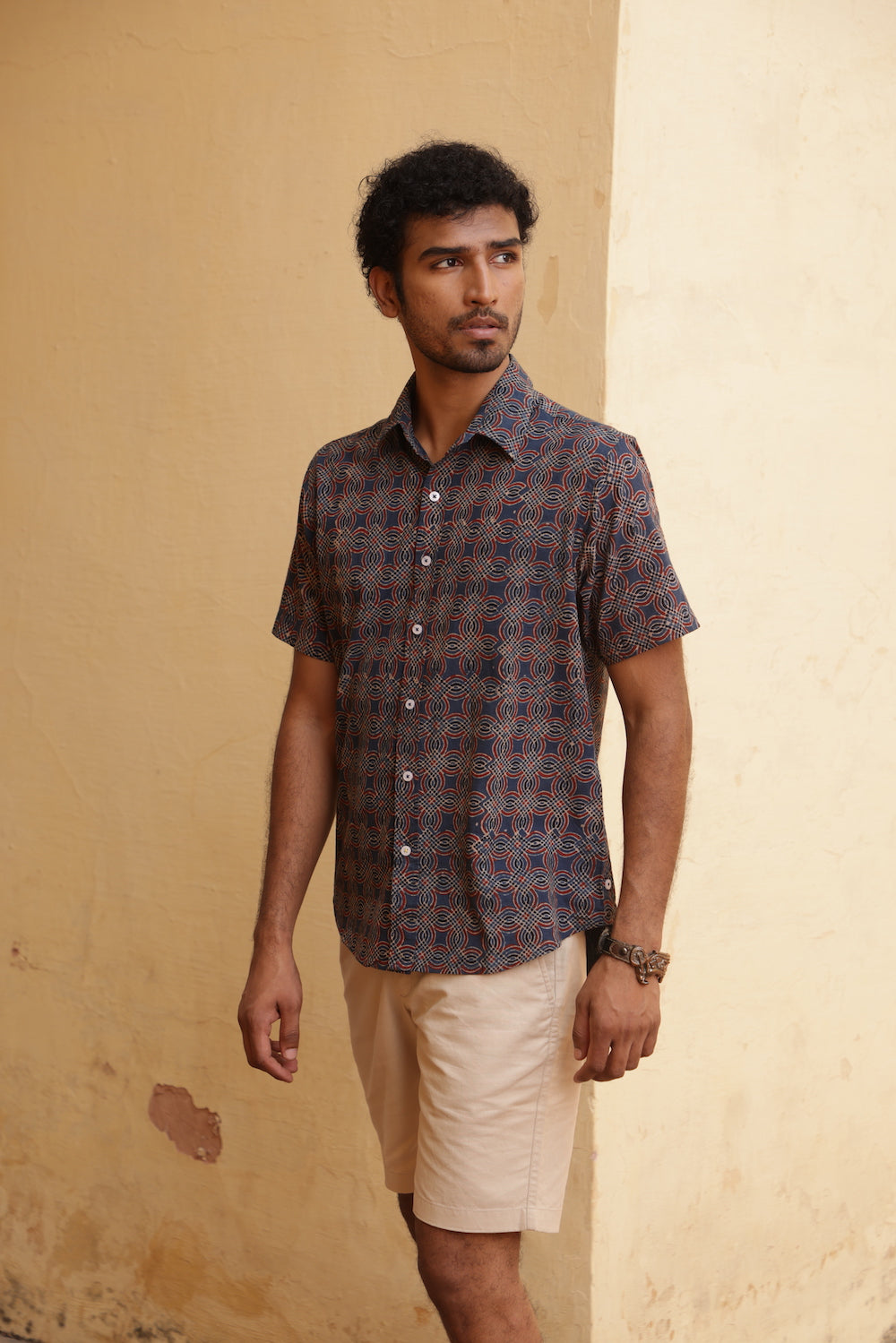 Ajrakh Hand Block Printed 'The Sufi' Short Sleeve Shirt in Abstract Geometric Print