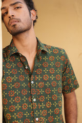 Hand Block Printed 'The Sufi' Short Sleeve Shirt in Green and Red print