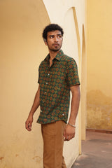 Hand Block Printed 'The Sufi' Short Sleeve Shirt in Green and Red print