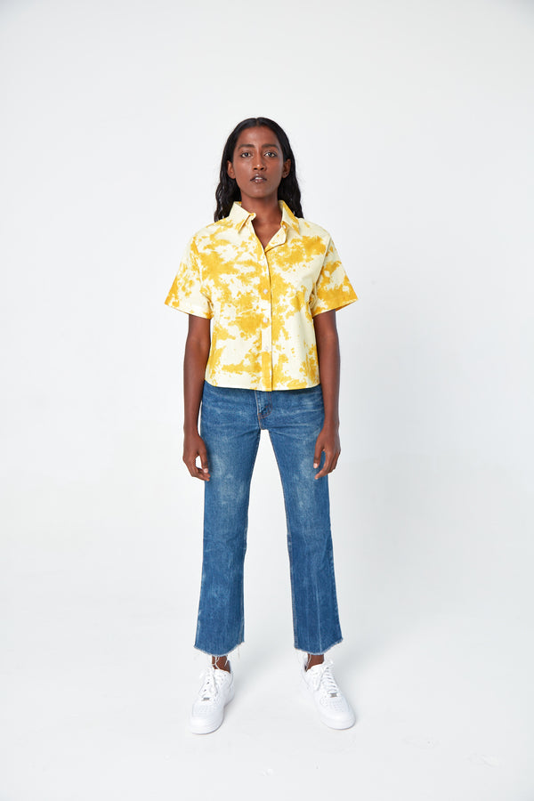 'The Michelle' Hand Dyed Short Sleeve Shirt in Yellow and White 'Citrus Splash' Tie Dye