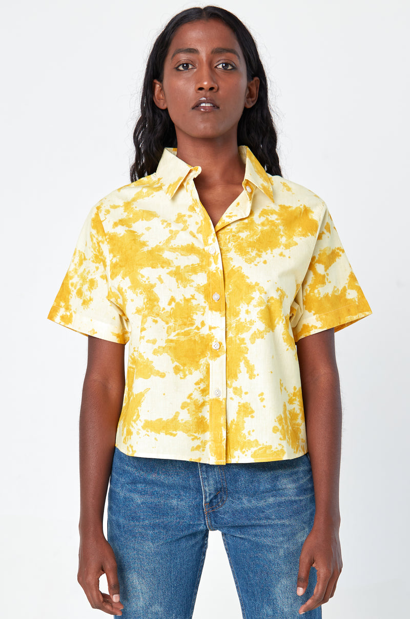 'The Michelle' Hand Dyed Short Sleeve Shirt in Yellow and White 'Citrus Splash' Tie Dye