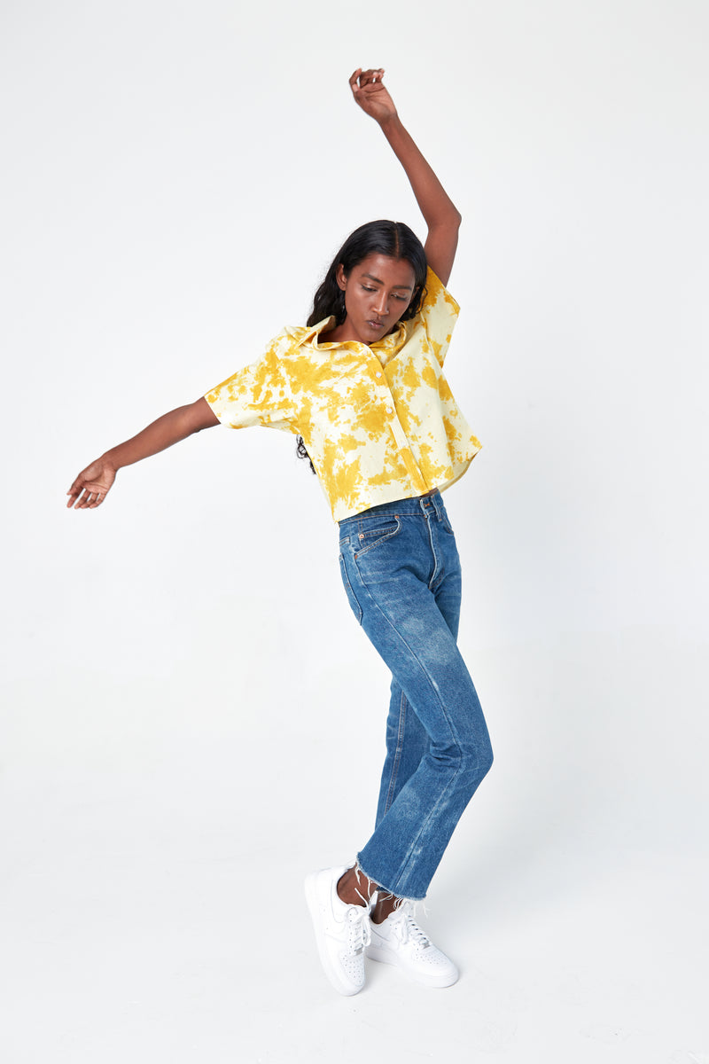 'The Michelle' Hand Dyed Short Sleeve Shirt in Yellow and White 'Citrus Splash' Tie Dye