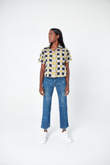 'The Michelle' Hand Block Printed Short Sleeve Shirt in Yellow and Black Chessboard Batik Print