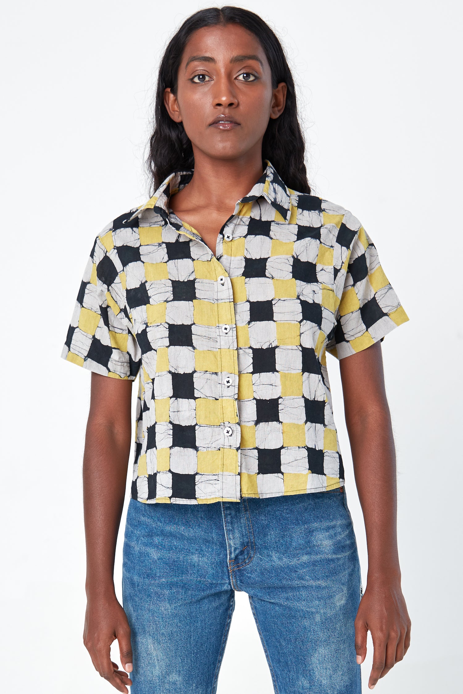 Hand Block Printed 'The Michelle' Shirt in Yellow and Black Chessboard Batik Print