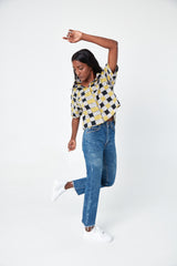 'The Michelle' Hand Block Printed Short Sleeve Shirt in Yellow and Black Chessboard Batik Print