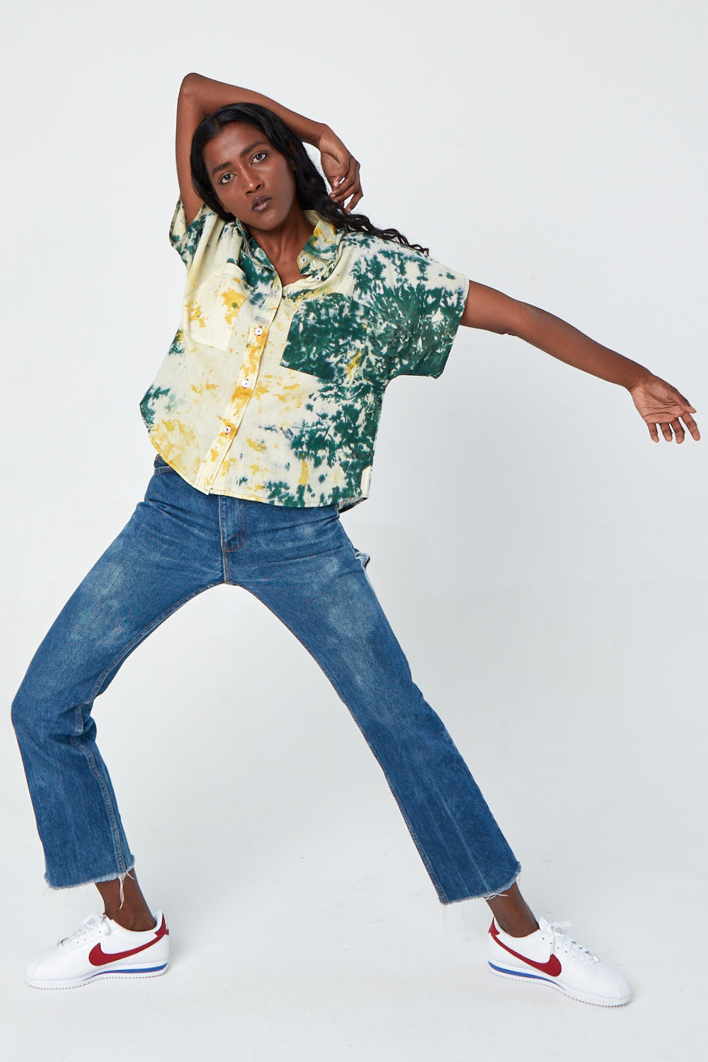 'The Tara' Hand Dyed Drop Sleeve Shirt in Green Yellow and White Tie Dye