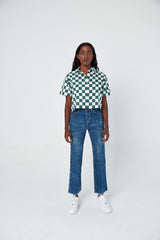 Hand Printed 'The Cami' Crop Shirt in Green Chessboard Twill