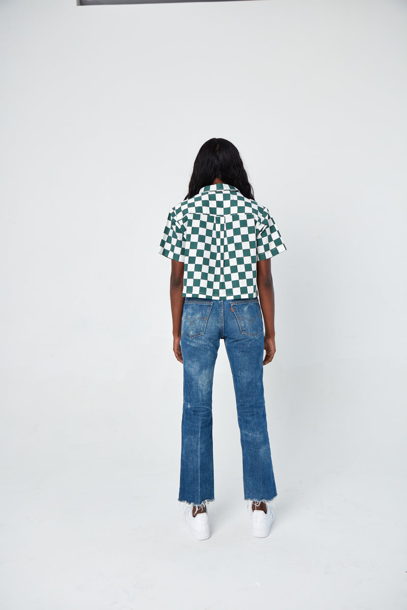 Hand Printed 'The Cami' Crop Shirt in Green Chessboard Twill