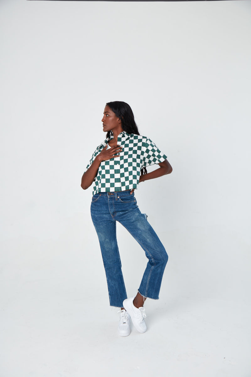 Hand Printed 'The Cami' Crop Shirt in Green Chessboard Twill