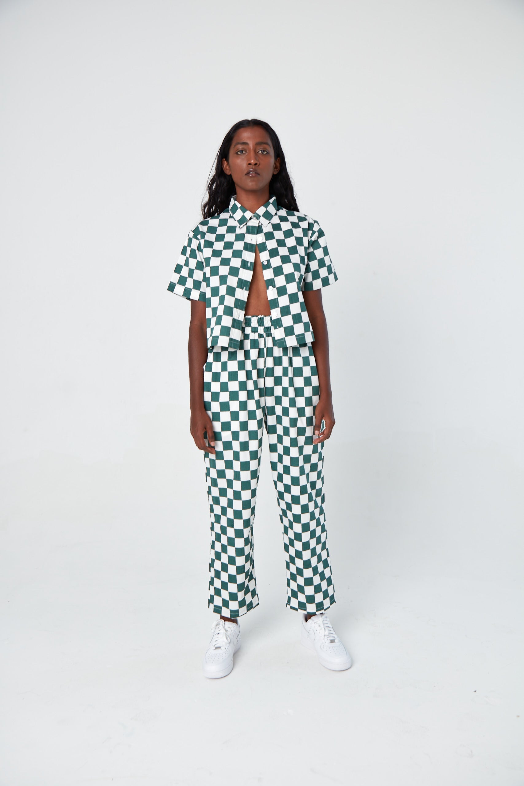 Hand Printed 'Seema' Pants in Green and White Chessboard
