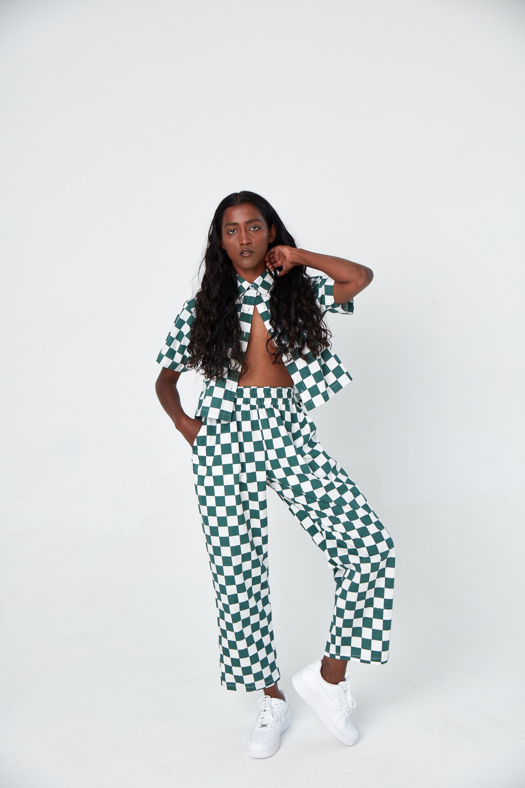 Hand Printed 'Seema' Pants in Green and White Chessboard