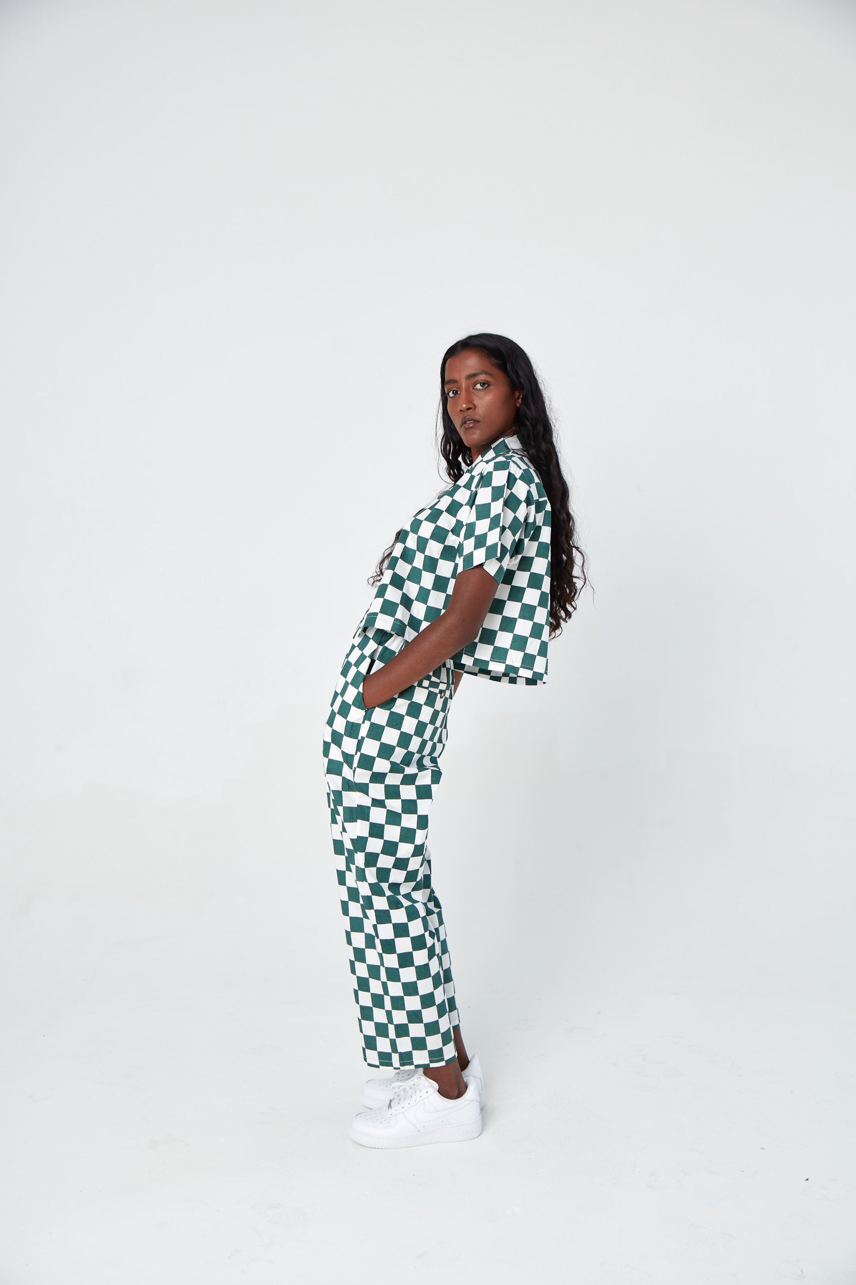 Hand Printed 'Seema' Pants in Green and White Chessboard
