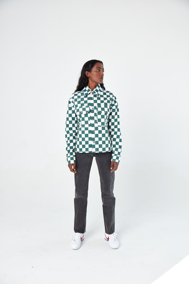 Hand Printed 'The Sophia' Over-Shirt in Green Chessboard Twill