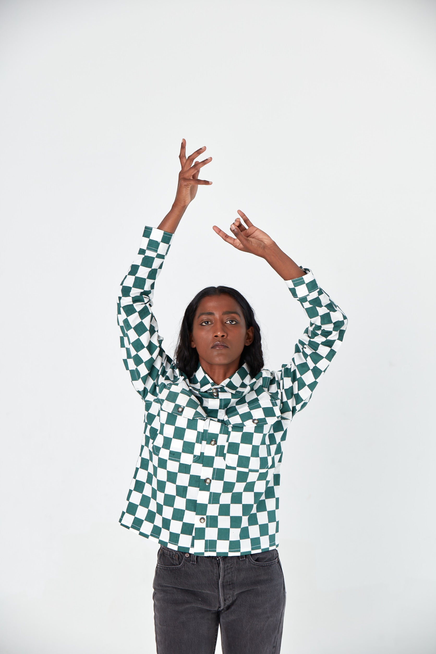 Hand Printed 'The Sophia' Over-Shirt in Green Chessboard Twill