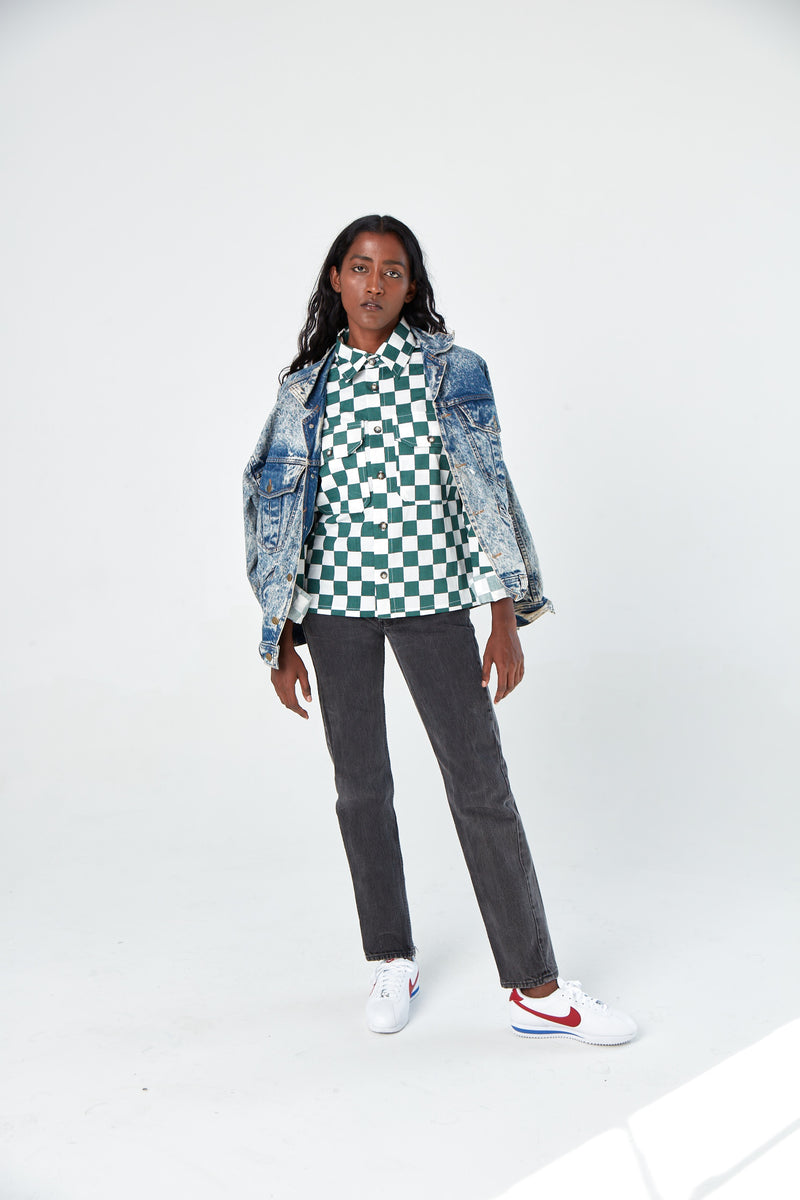 Hand Printed 'The Sophia' Over-Shirt in Green Chessboard Twill