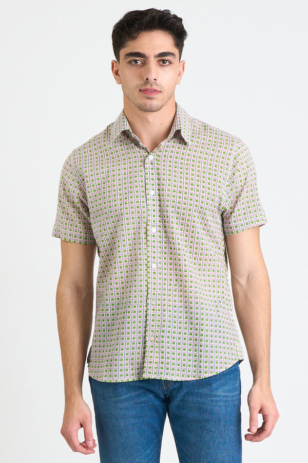 Hand Block Printed 'The Sheril' Short Sleeve Shirt in Neon Green Grid