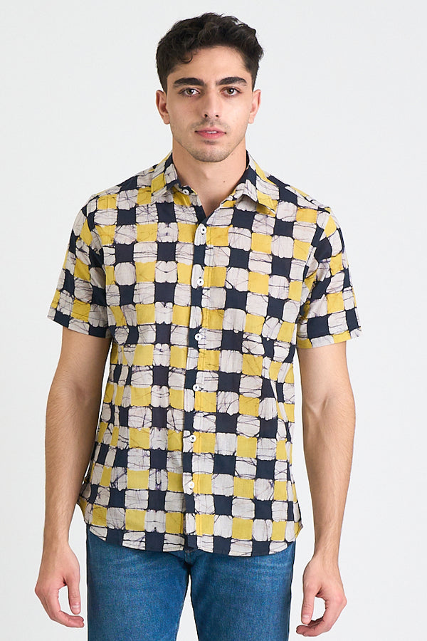 Hand Block Printed 'The Aby' Short Sleeve Shirt in Yellow and Black Chessboard Batik Print