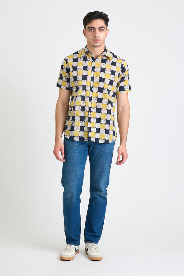 Hand Block Printed 'The Aby' Short Sleeve Shirt in Yellow and Black Chessboard Batik Print