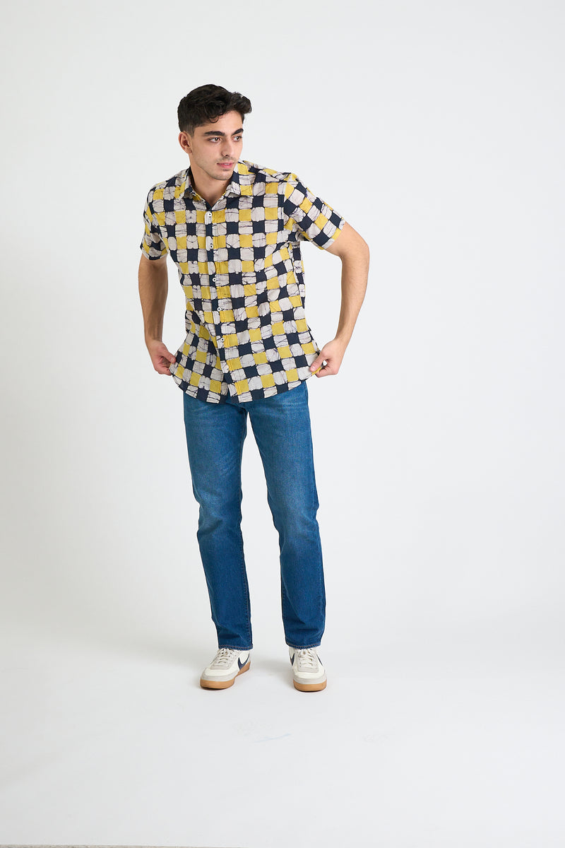 Hand Block Printed 'The Aby' Short Sleeve Shirt in Yellow and Black Chessboard Batik Print