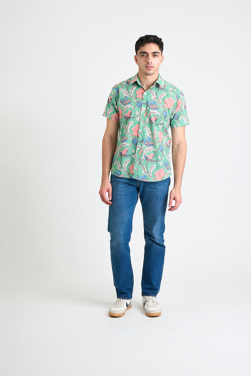 Hand Block Printed 'The Sheril' Short Sleeve Shirt in Graphic Floral Print