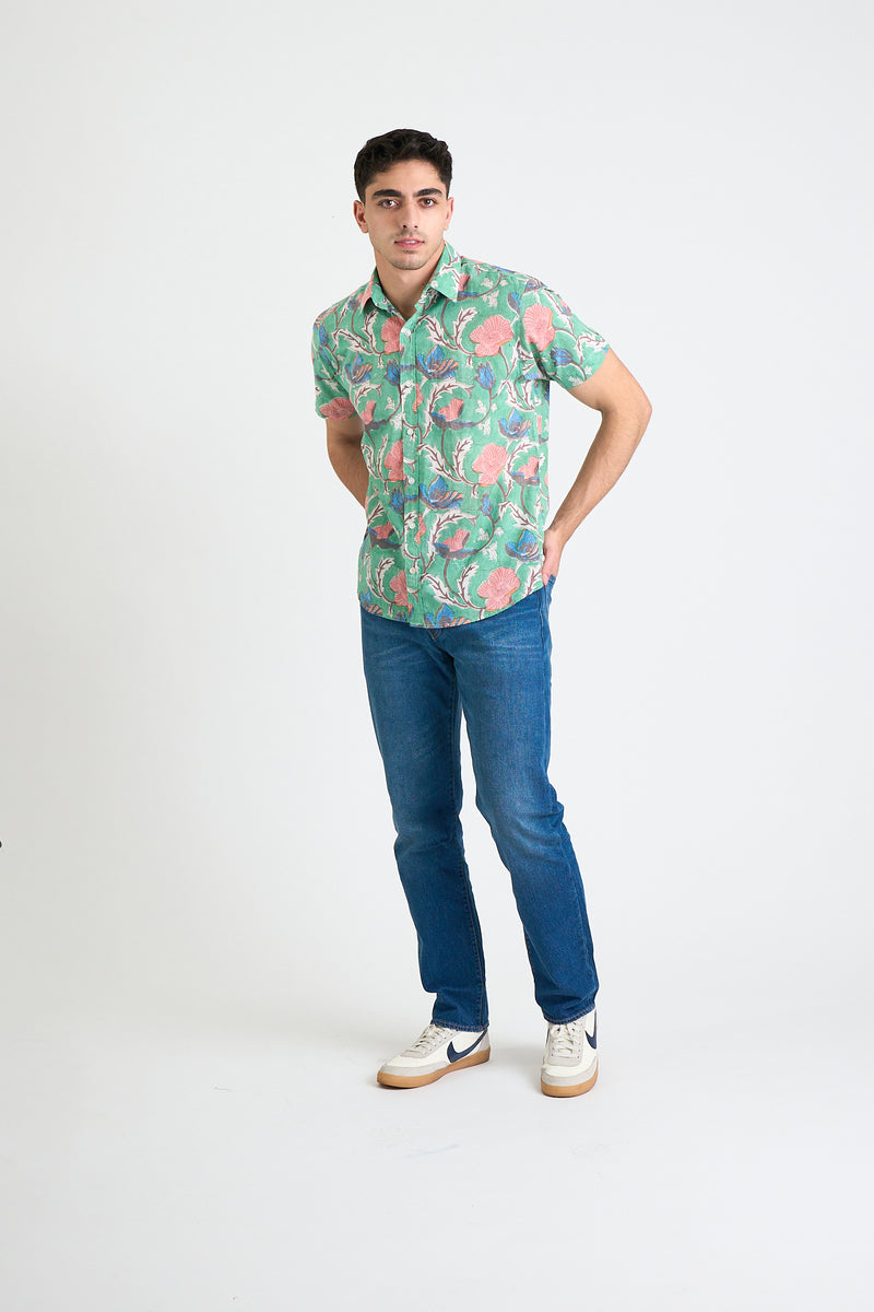 Hand Block Printed 'The Sheril' Short Sleeve Shirt in Graphic Floral Print