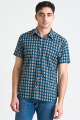 Hand Printed 'The Sheril' Short Sleeve Shirt in Blue and Red Motif