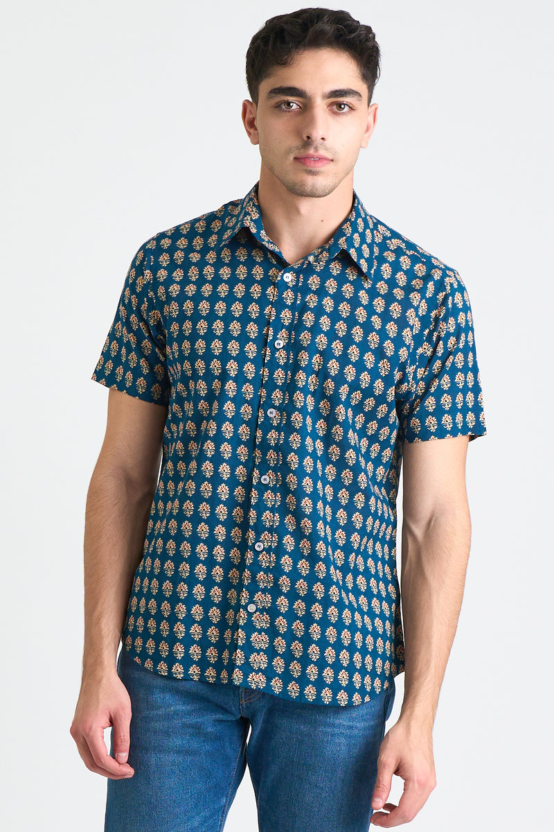 Hand Printed 'The Sheril' Short Sleeve Shirt in Blue and Red Motif