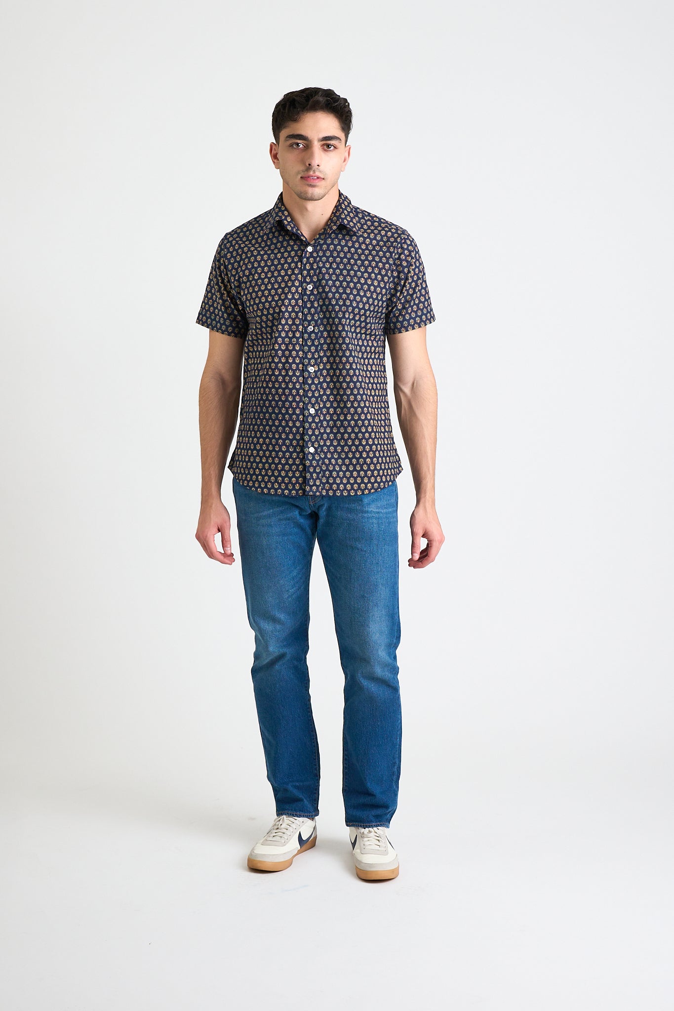 Hand Printed 'The Sheril' Short Sleeve Shirt in Navy Motif