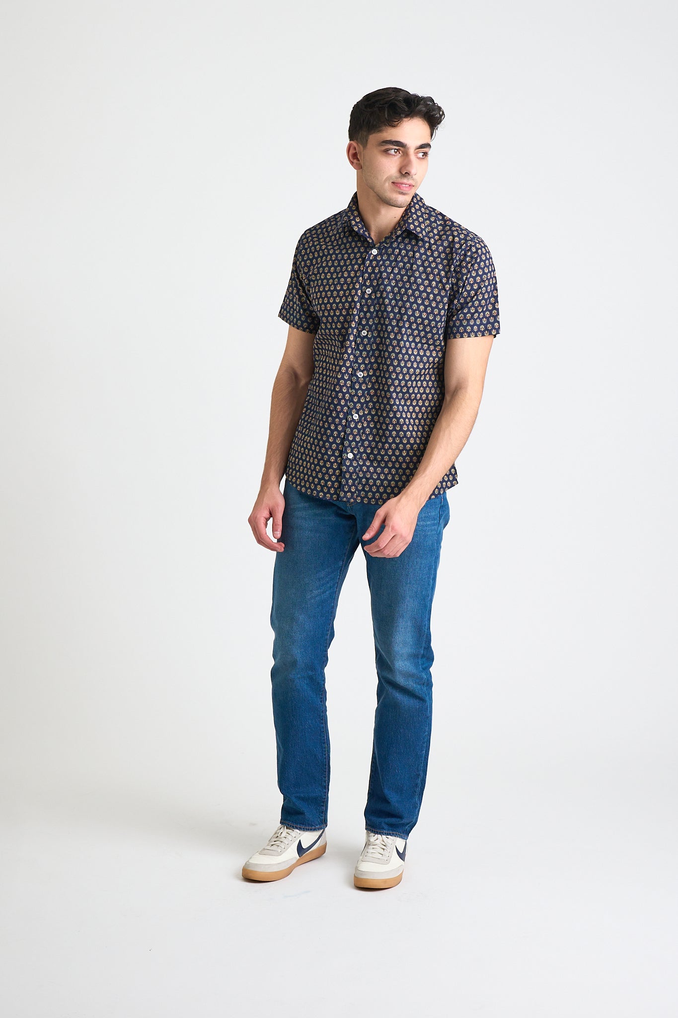 Hand Printed 'The Sheril' Short Sleeve Shirt in Navy Motif