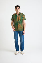 Hand Printed 'The Sheril' Short Sleeve Shirt in Green and Gold Motif
