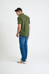 Hand Printed 'The Sheril' Short Sleeve Shirt in Green and Gold Motif