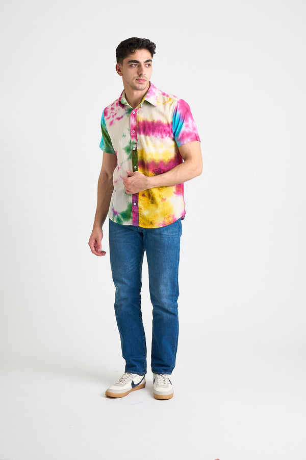 Hand Tie Dye 'The Sheril' Short Sleeve Shirt in Color of Life Print