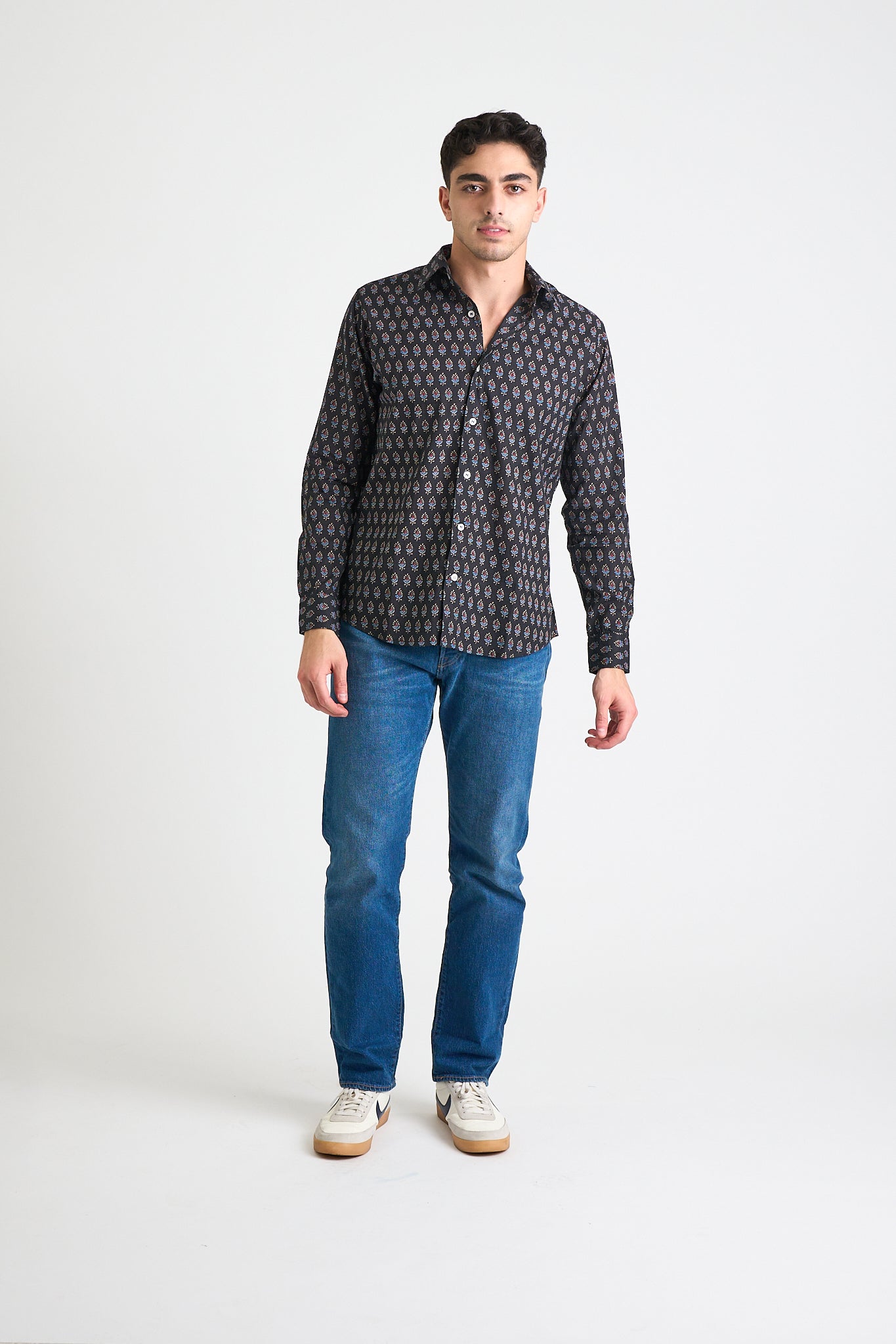 Hand Printed 'The Amir' Long Sleeve Shirt in Black and Blue Motif