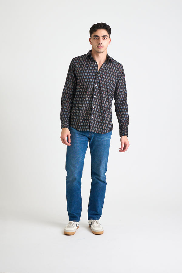 Hand Printed 'The Amir' Long Sleeve Shirt in Black and Blue Motif