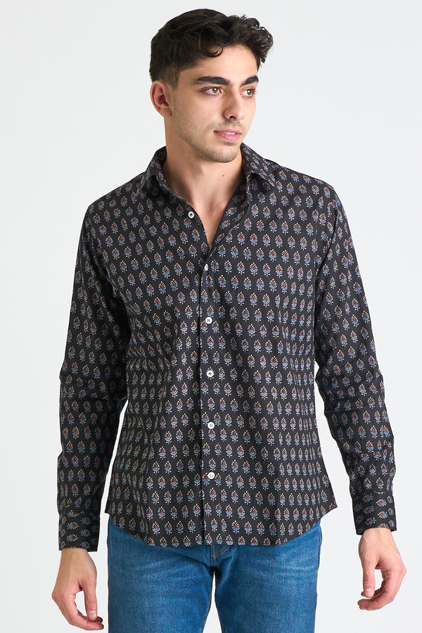 Hand Printed 'The Amir' Long Sleeve Shirt in Black and Blue Motif