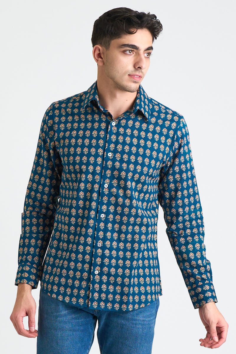 Hand Printed 'The Amir' Long Sleeve Shirt in Blue and Red Motif