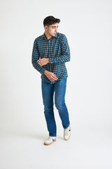 Hand Printed 'The Amir' Long Sleeve Shirt in Blue and Red Motif