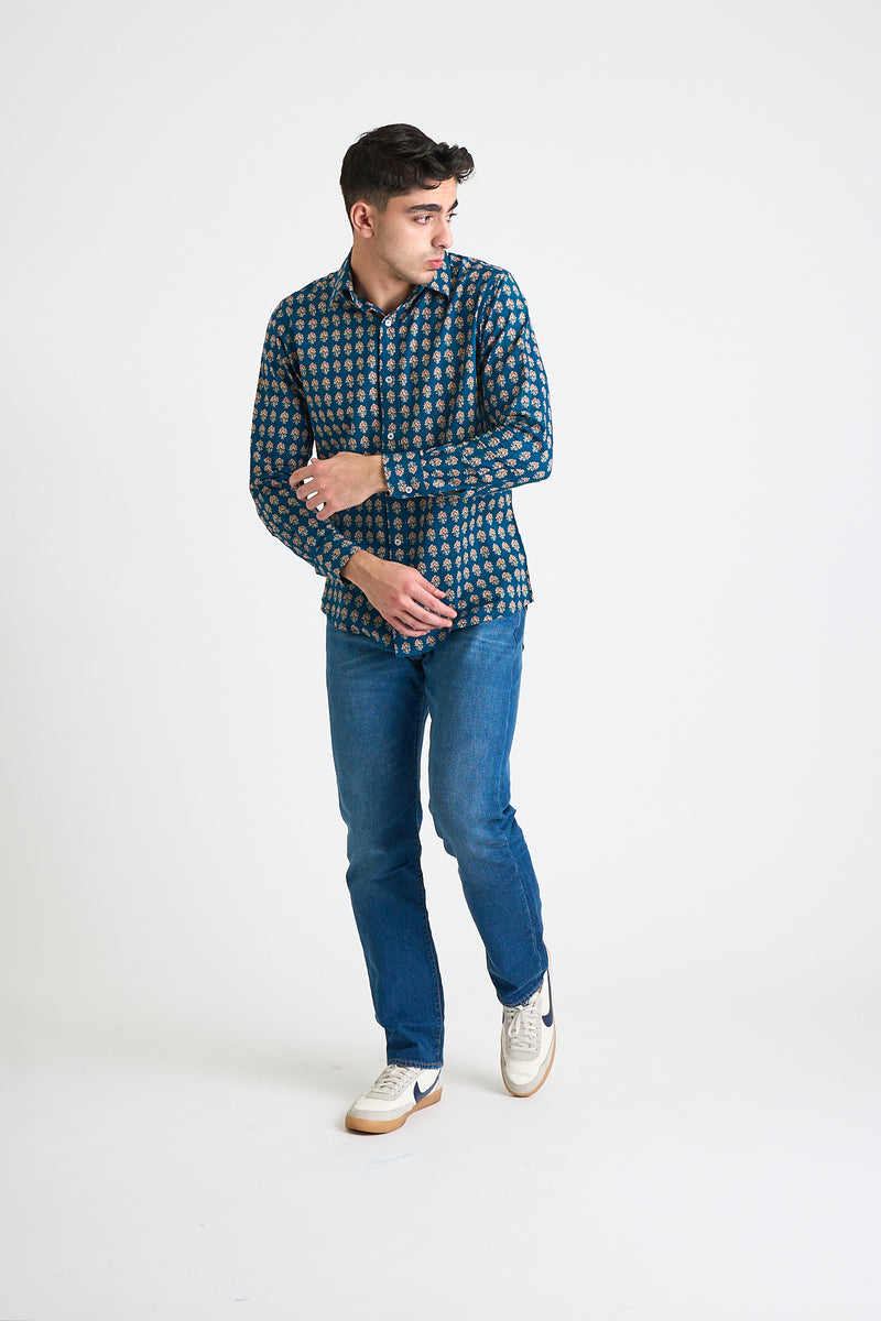 Hand Printed 'The Amir' Long Sleeve Shirt in Blue and Red Motif