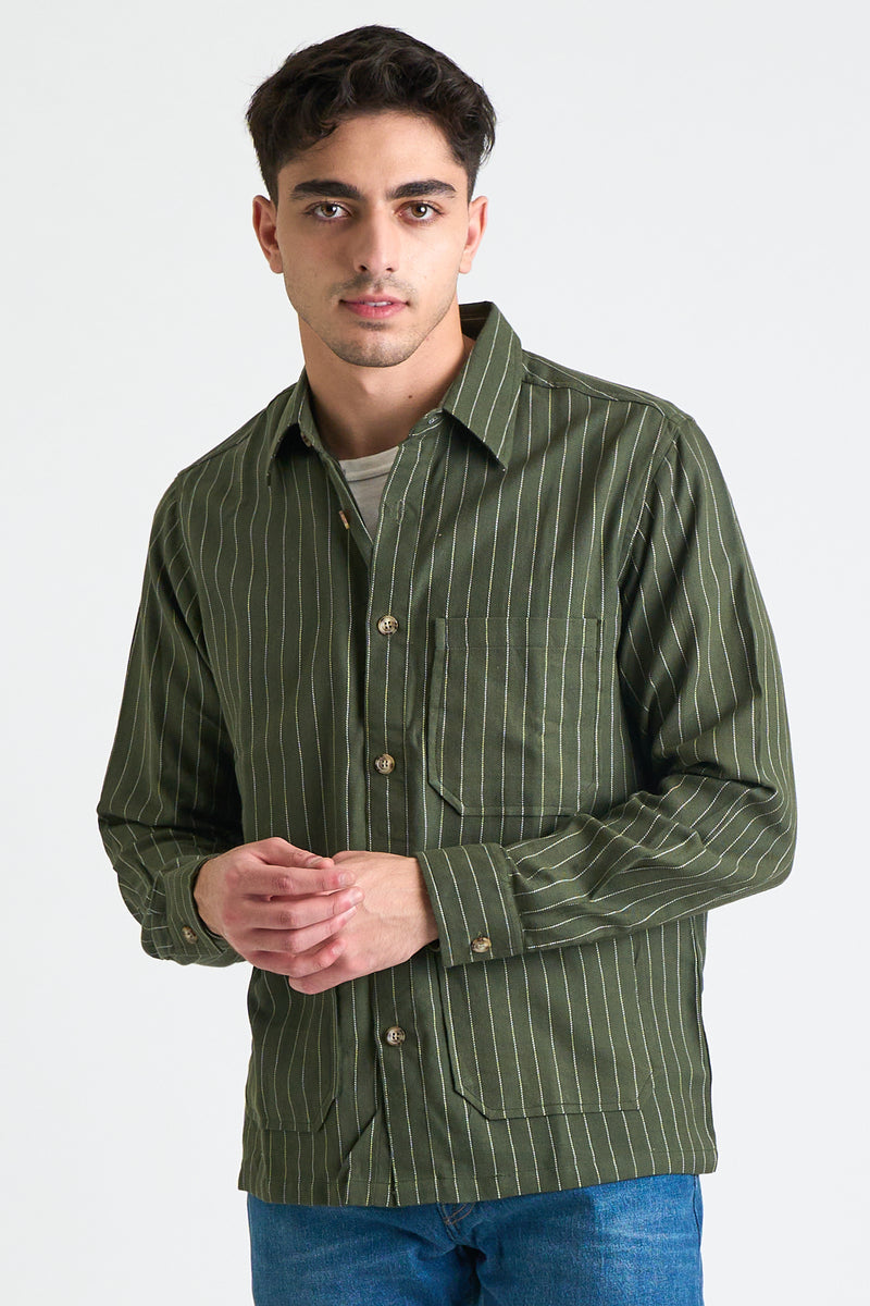 Xavier Overshirt Jacket in Dark Green Pinstripes