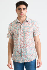 Hand Printed 'The Sheril' Short Sleeve Shirt in Turquoise and White