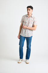 Hand Printed 'The Sheril' Short Sleeve Shirt in Turquoise and White